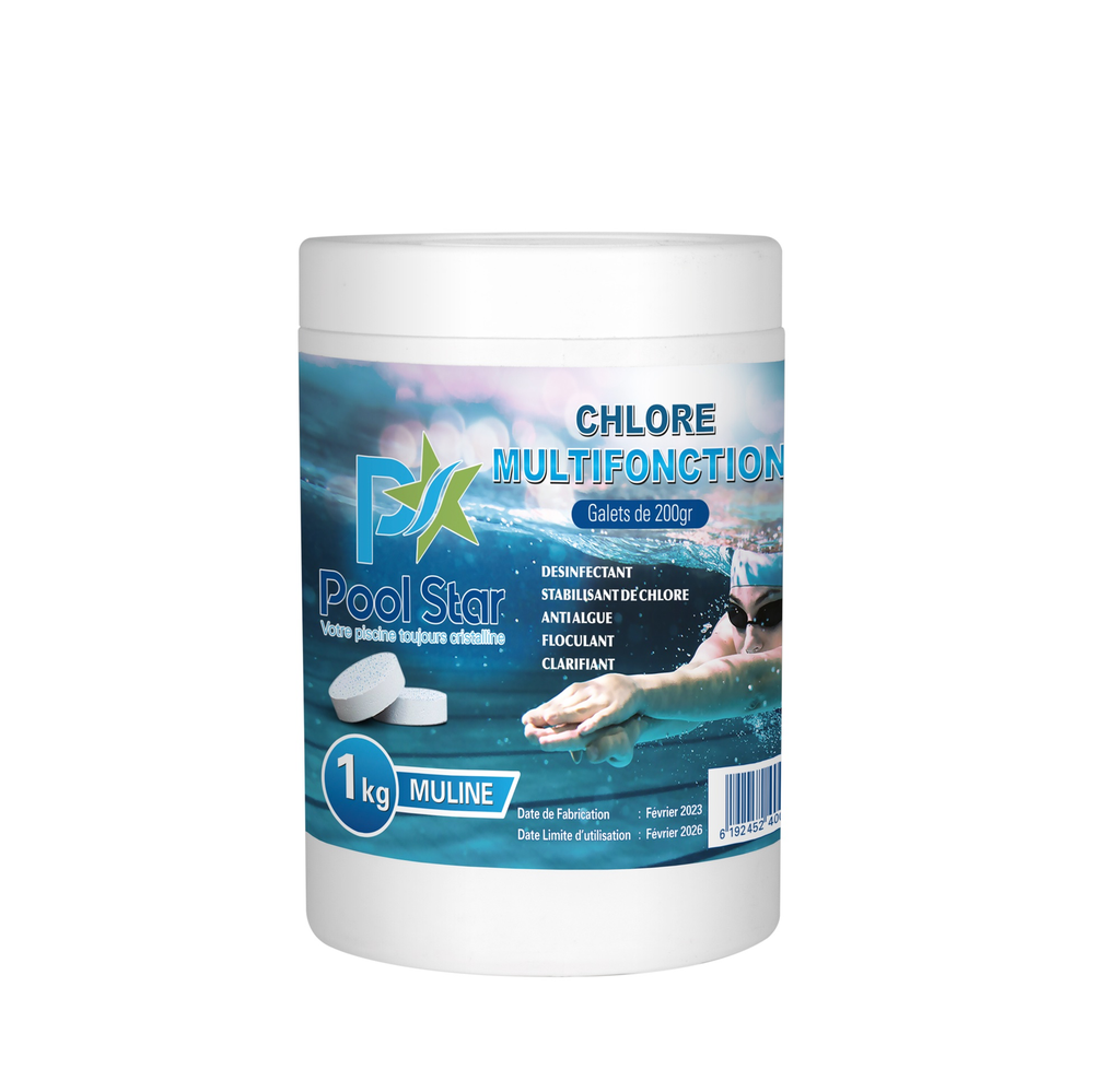 CHLORE MULTIFONCTIONS EN GALETS DE 200GR POOLSTAR MULINE 1KG
