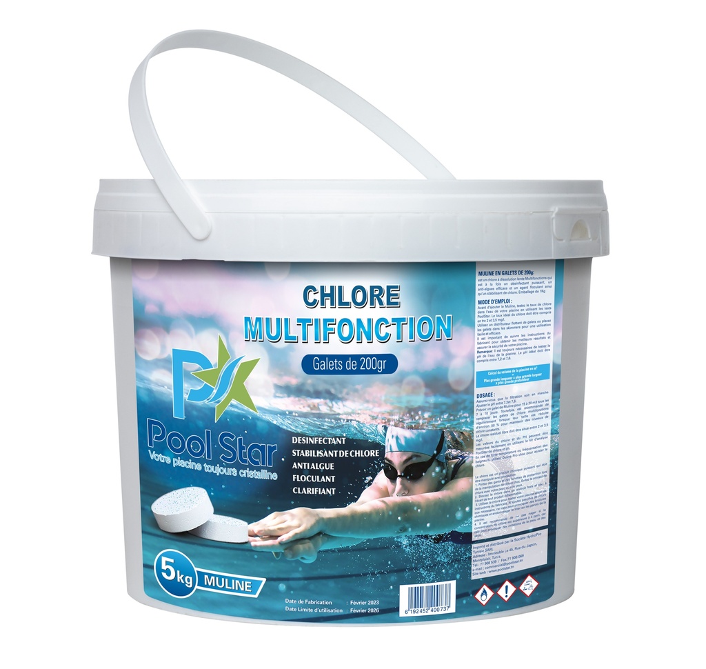 [MULINE-5] CHLORE MULTIFONCTIONS EN GALETS DE 200GR POOLSTAR MULINE 5KG